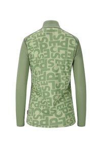 Lange mouwen, lichtgroene pullover met een herhaald grafisch patroon in een iets donkerdere tint. Zachte textuur, hoge kraag, geen hardware.