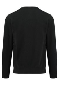 Svart stickad tröja med rund halsringning, långa ärmar och ribbad nederkant. Mjuk textur och enkel design. Inga synliga mönster eller detaljer.