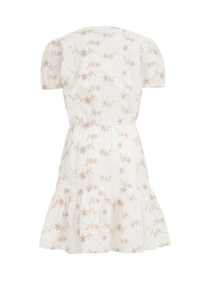 Weißes kurzärmeliges Kleid mit beiger Blumenstickerei, elastischer Taille und gerafftem Saum, von hinten vor einfarbigem Hintergrund gezeigt.