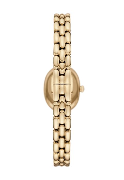 Goldfarbene Uhr mit einem strukturierten, runden Gehäuse und einem segmentierten Armband. Das Armband besitzt ovale Glieder, die ein fließendes Design schaffen.