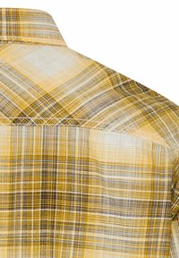 Widok tylny żółto-szarej koszuli w kratę, ukazujący kołnierzyk i detale przeszyć na górnej części pleców.