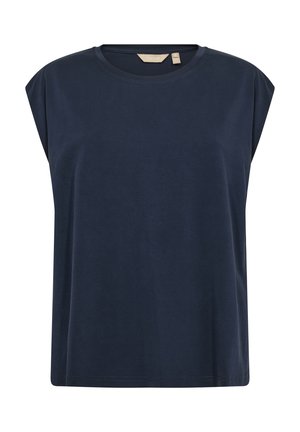Navy blue short-sleeve top in soft fabric with a round neck and relaxed fit. Features shoulder darts for definition and a straight hem.