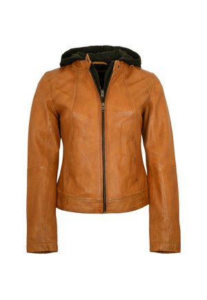 Braune Lederjacke mit durchgehendem Reißverschluss und dunkelgrauer Kapuze. Strukturiertes Design mit glatter Textur und dezenten Nahtdetails.