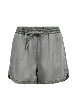 Shorts décontractés gris avec taille élastique et cordon de serrage, présentant des ourlets arrondis et des poches latérales, affichés sur un fond blanc.