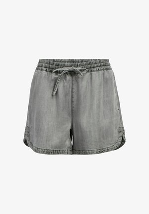 Grijze casual korte broek met elastische tailleband en aantrekkoord, voorzien van afgeronde zomen en zijzakken, afgebeeld op een witte achtergrond.