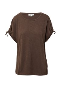 Bruine dames top met korte mouwen, ronde halslijn en kleine strikjes op elke mouw, gemaakt van zachte, lichte stof.