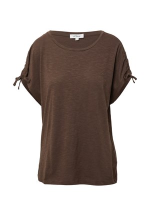 Bruine dames top met korte mouwen, ronde halslijn en kleine strikjes op elke mouw, gemaakt van zachte, lichte stof.