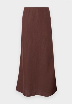 Brown, long skirt made of lightweight fabric. Features a simple design with a straight cut and a smooth texture. Hem is slightly curved.