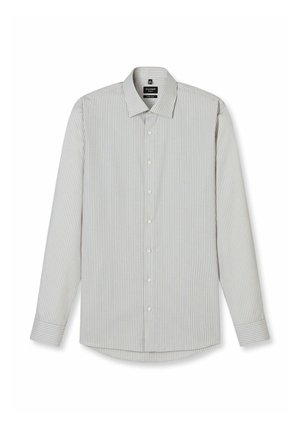 Langärmeliges, knöpfbares Hemd mit schmalen vertikalen grauen und weißen Streifen und klassischem Kragen, flach auf weißem Hintergrund dargestellt.