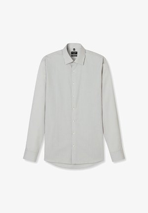 Overhemd met lange mouwen en knopen, met smalle verticale grijze en witte strepen en een klassieke kraag, plat weergegeven op een witte achtergrond.