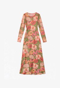 Vestido de manga larga verde oliva con patrones circulares y de herradura en rosa, rojo y beige, con motivos de animales y flores.