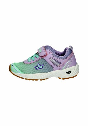Children's athletic shoe with green mesh, purple accents, velcro strap, and white sole with brown tread, shown from side view.