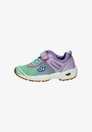 Children's athletic shoe with green mesh, purple accents, velcro strap, and white sole with brown tread, shown from side view.