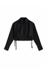 Schwarzes, kurzes Shirt aus glattem Stoff mit Knopfverschluss, langen Ärmeln und verstellbaren Bindebändern in der Taille.