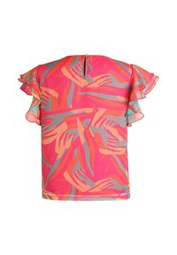 Blouse rose à manches courtes avec un motif de mains colorées. Manches flottantes et fermeture en forme de clé au dos ajoutent du détail. Tissu léger.