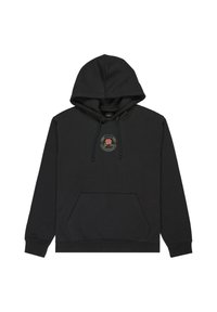 Black hoodie made of cotton, featuring a kangaroo pocket, adjustable drawstring hood, and a circular logo patch with a rose design.
