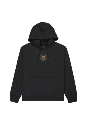 Zwarte hoodie van katoen, met een kangoeroezak, een verstelbare capuchon met trekkoord en een ronde logo patch met een rozenontwerp.