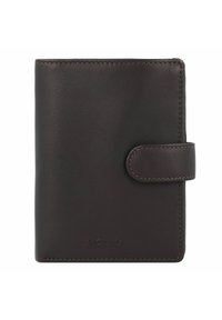 Bruine leren portemonnee met een gladde textuur, voorzien van een knoopsluiting en subtiele stiksels. Logo is in de onderkant gedrukt. Compact ontwerp.