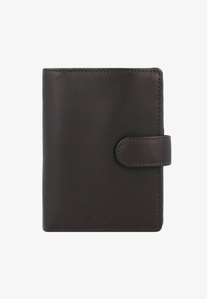 Brown leather wallet with a smooth texture, featuring a button closure and subtle stitching. Logo embossed at the bottom. Compact design.