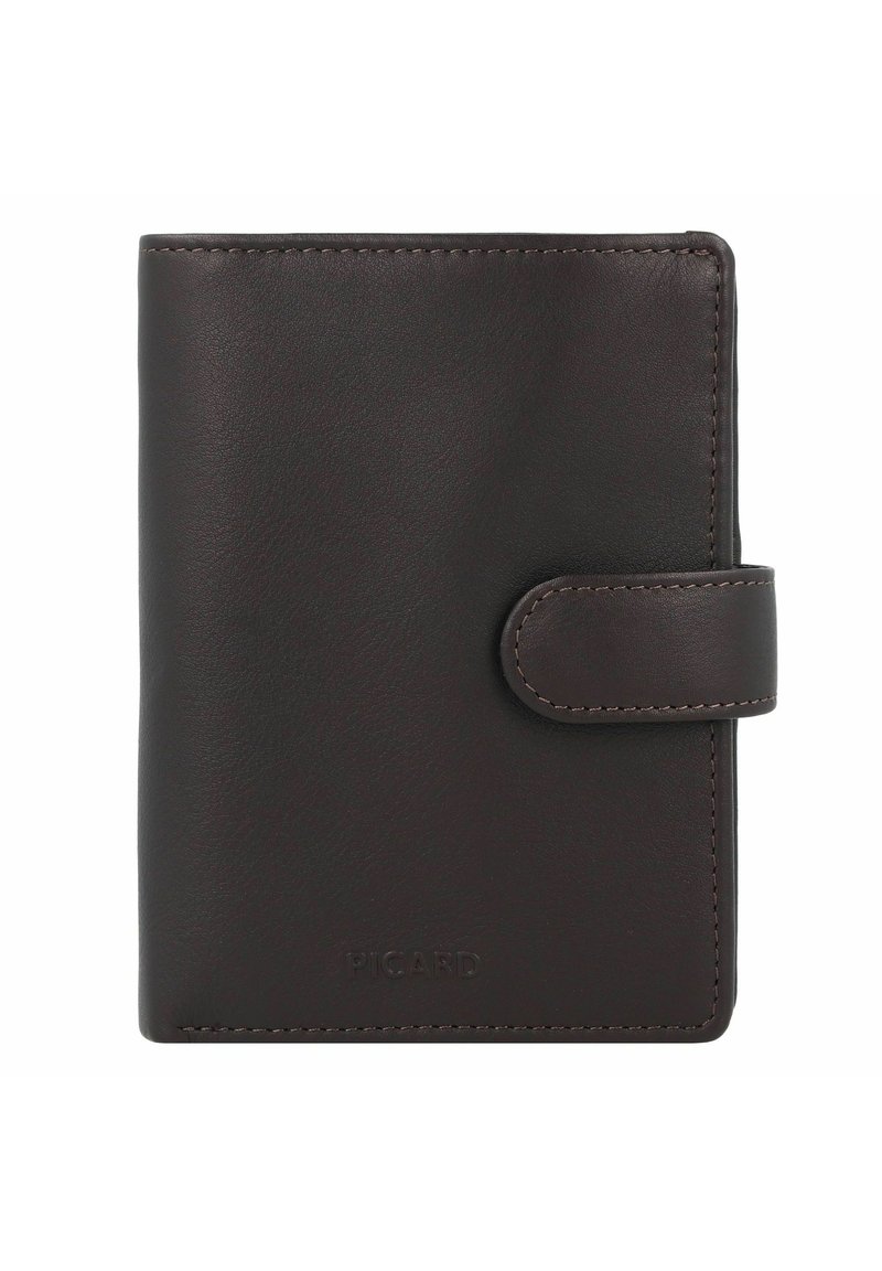 Bruine leren portemonnee met een gladde textuur, voorzien van een knoopsluiting en subtiele stiksels. Logo is in de onderkant gedrukt. Compact ontwerp.