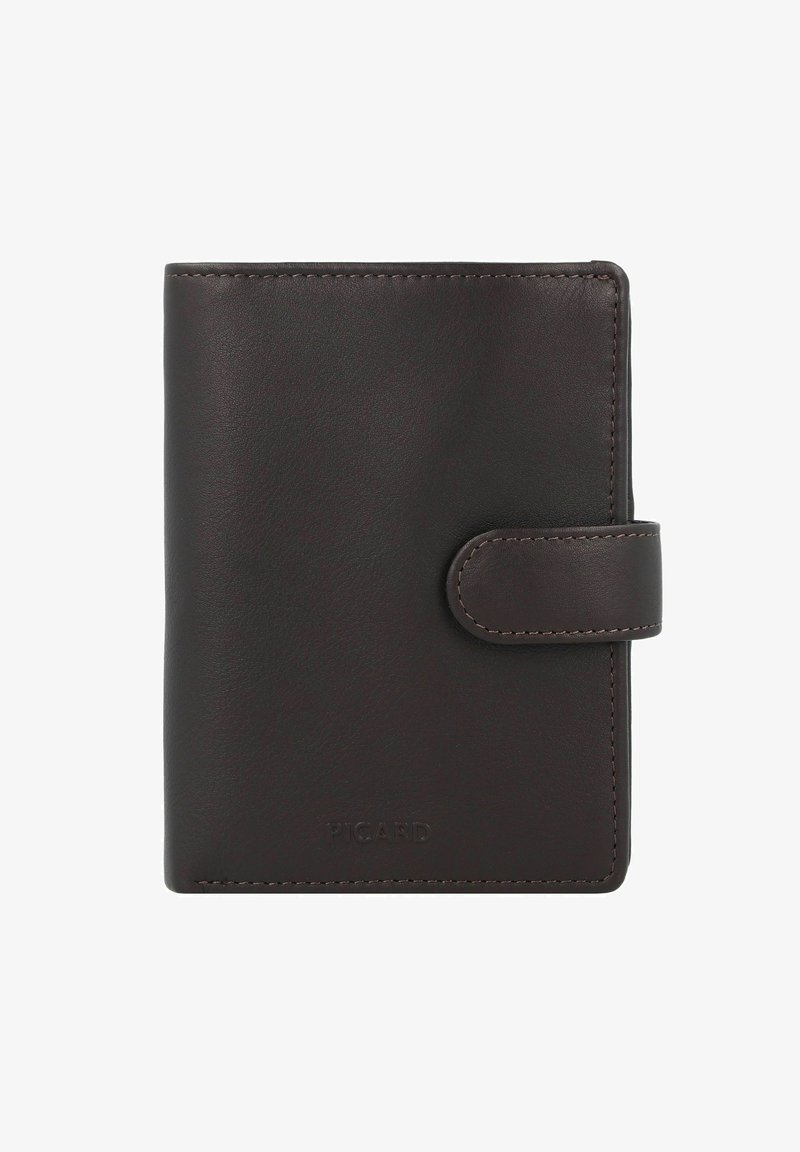 Brown leather wallet with a smooth texture, featuring a button closure and subtle stitching. Logo embossed at the bottom. Compact design.