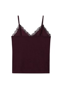 Diep bordeaux camisole met dunne verstelbare spaghettibandjes en delicate kantafwerking langs de V-halslijn en zijkanten.