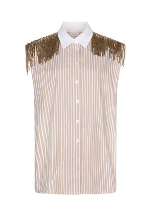 Beige gestreepte blouse met korte mouwen, witte kraag en gouden franje details op de schouders. Knopen aan de voorkant.