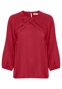 Czerwona bluzka z lekkiego materiału, z okrągłym dekoltem, skręconym przodem oraz balonowymi rękawami z marszczonymi mankietami.