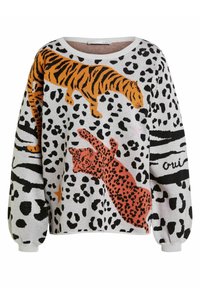 Gebreid sweater met een tijger- en luipaardpatroon in oranje en zwart op een lichtgrijze achtergrond, met lange mouwen en een ronde hals.