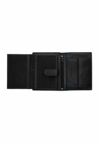 Czarny skórzany portfel o gładkiej teksturze, z wieloma miejscami na karty, kieszenią na zamek oraz zapięciem na napę. Wnętrze wykonane z siateczki i tkaniny.