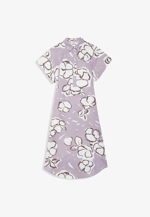 Fialové midi šaty s krátkym rukávom, s veľkým bielym a hnedým kvetinovým vzorom, zapínaním na gombíky a špicatým golierom.