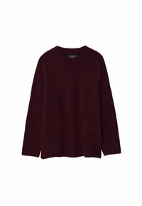 Pull bordeaux à col rond, manches longues, avec une finition texturée. Coupe ample avec fentes latérales pour un confort accru.