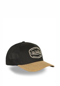 Casquette de camionneur noire avec une visière beige, ornée d'un écusson brodé blanc affichant le logo "Von Dutch" et le texte "Né en Californie".