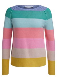 Maglione multicolore con strisce orizzontali verdi, blu, rosa, lilla, beige e gialle. Tessuto a maglia con maniche lunghe e scollatura rotonda.