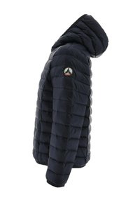 Marineblauwe pufferjack met capuchon, voorzien van een geborduurd ontwerp, verticale stiksels en een ronde logopatch op de linker mouw.