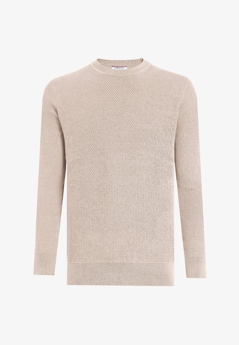 Pull beige en tricot avec un motif texturé, col rond et manches longues. Fini avec des poignets et un ourlet côtelés.