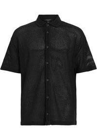 Camicia nera a maniche corte con bottoni, realizzata in tessuto a rete, caratterizzata da un colletto e un delicato motivo testurizzato, contornata da bottoni.