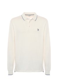 Polo a maniche lunghe color crema con accenti a strisce blu sul colletto e sui polsini; presenta un piccolo logo ricamato sul petto.