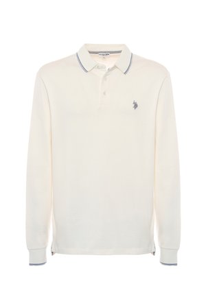 Polo a maniche lunghe color crema con accenti a strisce blu sul colletto e sui polsini; presenta un piccolo logo ricamato sul petto.
