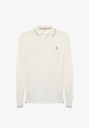 Polo a maniche lunghe color crema con accenti a strisce blu sul colletto e sui polsini; presenta un piccolo logo ricamato sul petto.