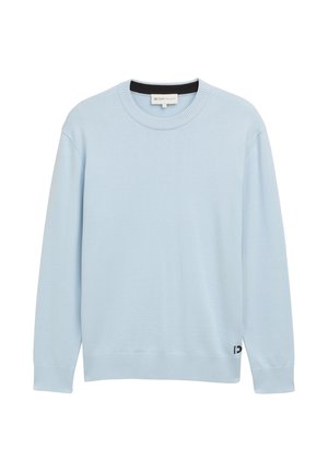 Suéter de color azul claro fabricado en un tejido suave. Presenta un cuello redondo, mangas largas y un dobladillo acanalado. Pequeño logo negro cerca de la parte inferior.