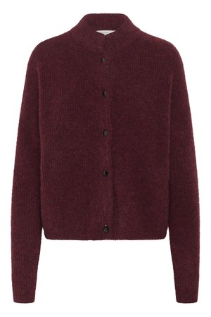 Burgundy knit cardigan with a high collar, long sleeves, and black buttons down the front. Made from a soft, textured fabric.