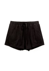 Pantaloni corti neri in lino con vita elasticizzata, cordino e due tasche frontali. Il tessuto sembra leggero con una superficie leggermente testurizzata.