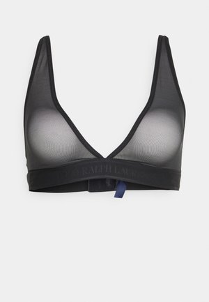 Sostén inalámbrico negro hecho de tela transparente con un diseño de escote en V bajo. Presenta una banda elástica delgada con un logo en relieve y un detalle de lazo azul.