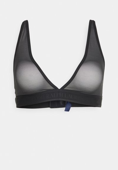 Sostén inalámbrico negro hecho de tela transparente con un diseño de escote en V bajo. Presenta una banda elástica delgada con un logo en relieve y un detalle de lazo azul.
