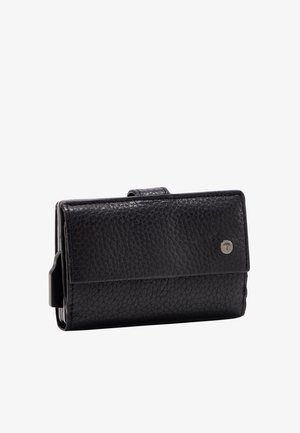 Black leather wallet with a textured surface, rectangular shape, front snap closure, and a small metal logo accent on the side.