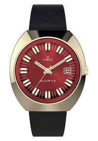 Timex Quarz Uhr mit einem roten strukturierten Zifferblatt, goldenen Akzenten und weißen Stundenmarkierungen. Verfügt über ein schwarzes Lederarmband und eine Datumsanzeige.
