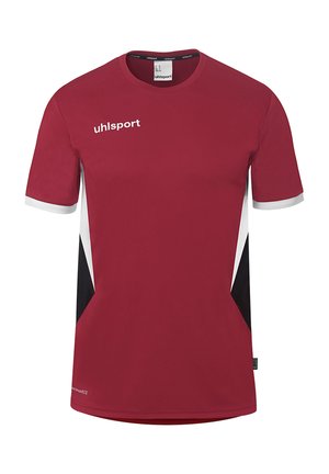 Maroon short-sleeve sports shirt with white and black side panels, white "uhlsport" logo on chest, and crew neckline.