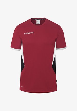 Bordeauxrotes Sportshirt mit kurzen Ärmeln, weißen und schwarzen Seitenpaneelen, weißem "uhlsport"-Logo auf der Brust und Rundhalsausschnitt.
