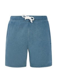 Shorts de sport bleus en tissu doux, avec une taille élastiquée à cordon, des poches latérales et un logo sur le bas à droite.